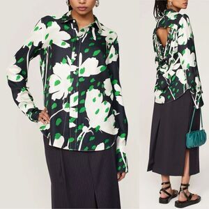 MONSE Floral Top Women 2 Open Back Cowl Blouse Navy Green Silk Button Up $890